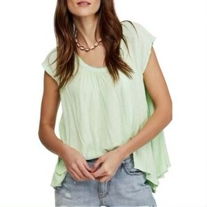 Free People XS Queen Green Cap Sleeve Scoop Neck Linen Blend Keep It Casual Top